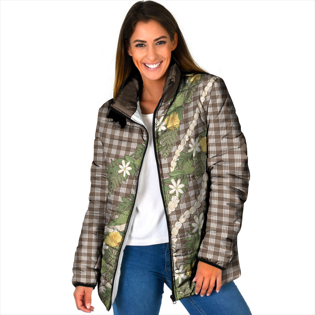 Aloha Puakenikeni Anthurium Pikake Lei Padded Jacket Chocolate Hawaiian Palaka Pattern LT9 Women Chocolate - Polynesian Pride