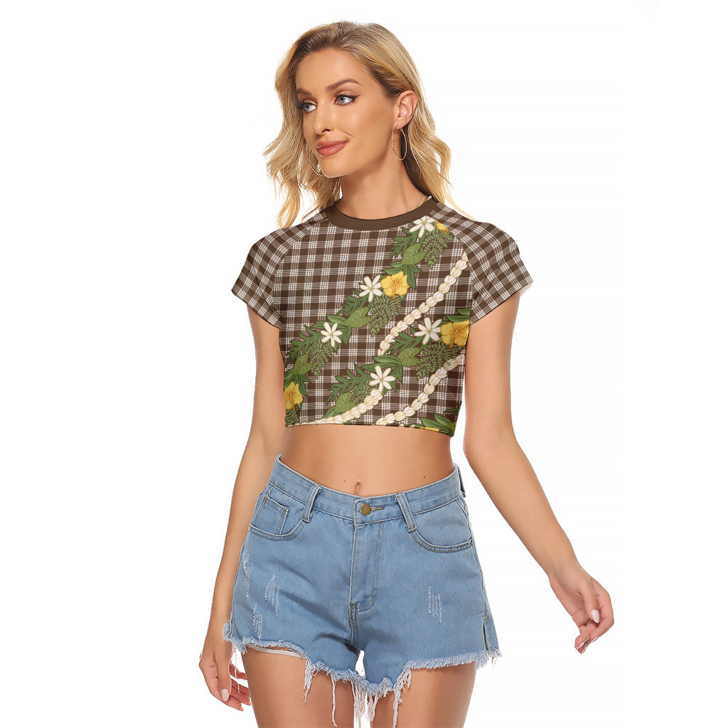 Aloha Puakenikeni Anthurium Pikake Lei Raglan Cropped T Shirt Chocolate Hawaiian Palaka Pattern LT9 Female Chocolate - Polynesian Pride