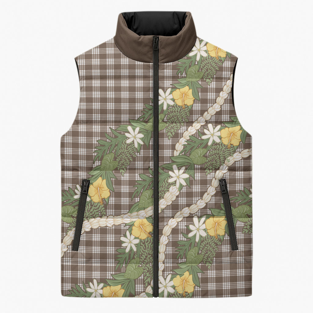 Aloha Puakenikeni Anthurium Pikake Lei Sleeveless Puffer Jacket Chocolate Hawaiian Palaka Pattern LT9 Unisex Chocolate - Polynesian Pride