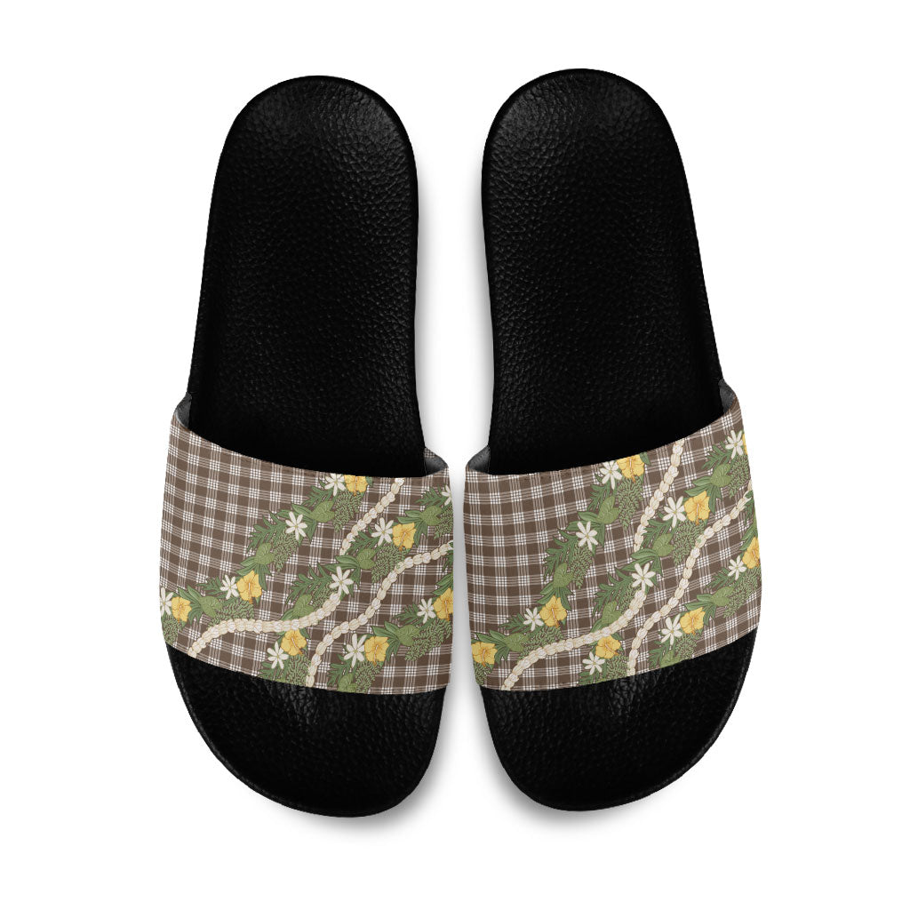 Aloha Puakenikeni Anthurium Pikake Lei Slide Sandals Chocolate Hawaiian Palaka Pattern LT9 Chocolate - Polynesian Pride