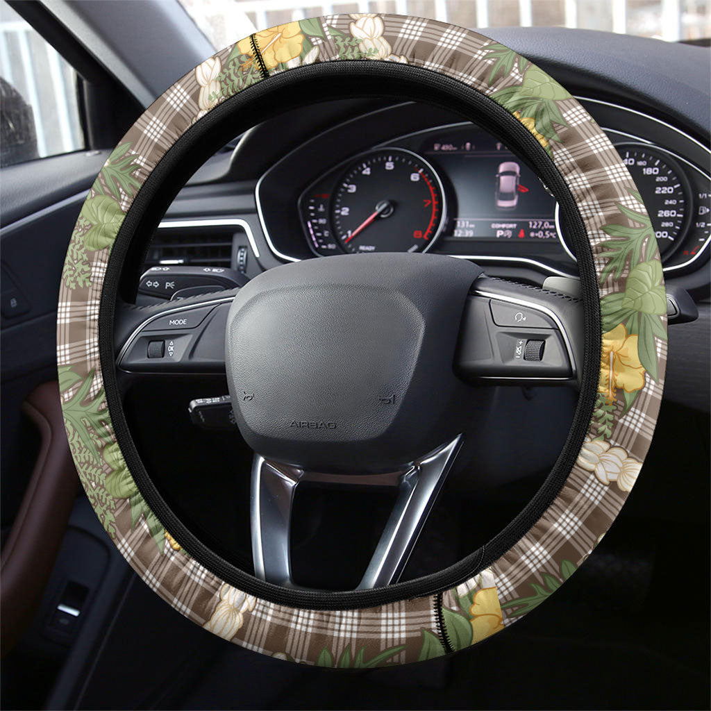 Aloha Puakenikeni Anthurium Pikake Lei Steering Wheel Cover Chocolate Hawaiian Palaka Pattern LT9 - Polynesian Pride