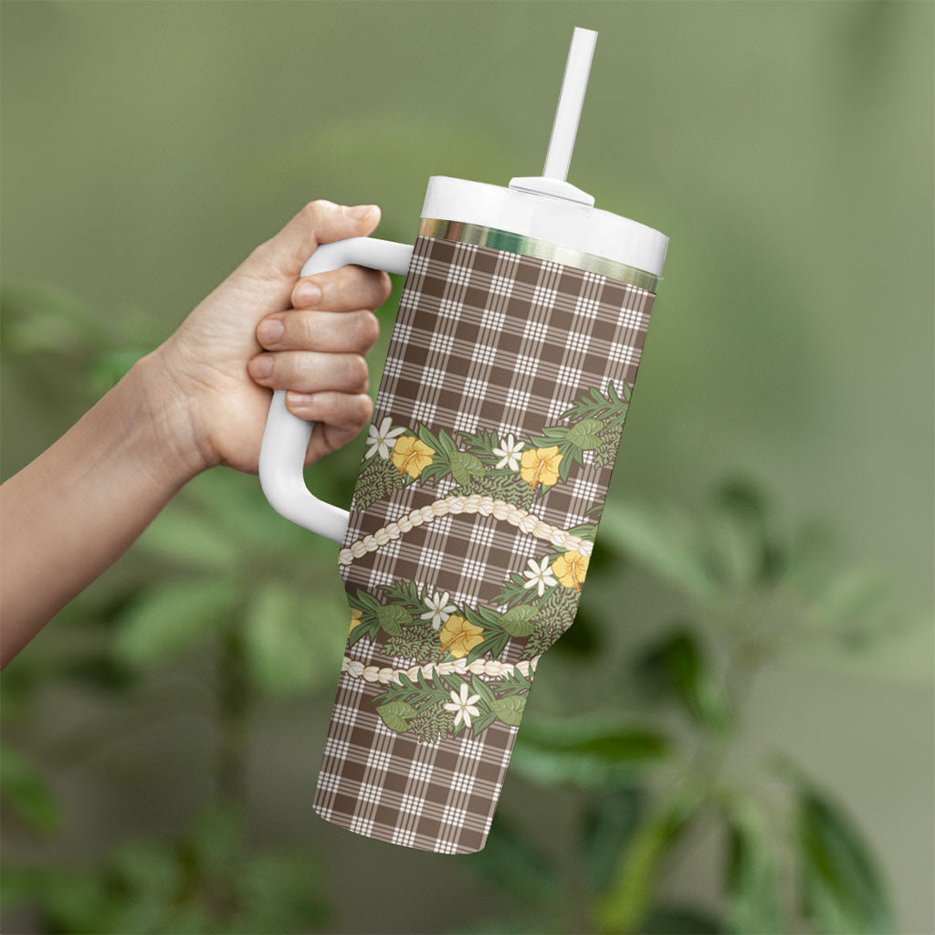 Aloha Puakenikeni Anthurium Pikake Lei Tumbler With Handle Chocolate Hawaiian Palaka Pattern LT9 - Polynesian Pride