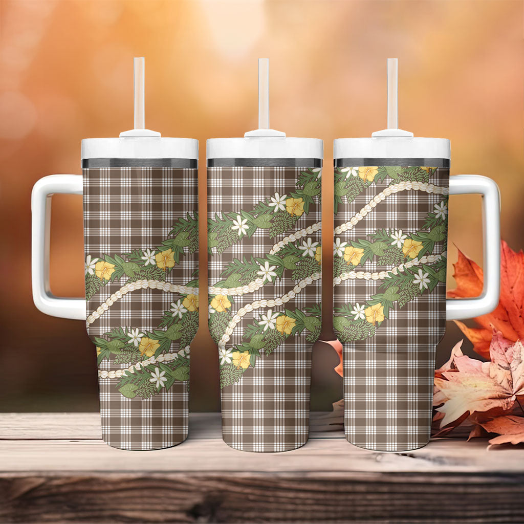 Aloha Puakenikeni Anthurium Pikake Lei Tumbler With Handle Chocolate Hawaiian Palaka Pattern LT9 - Polynesian Pride
