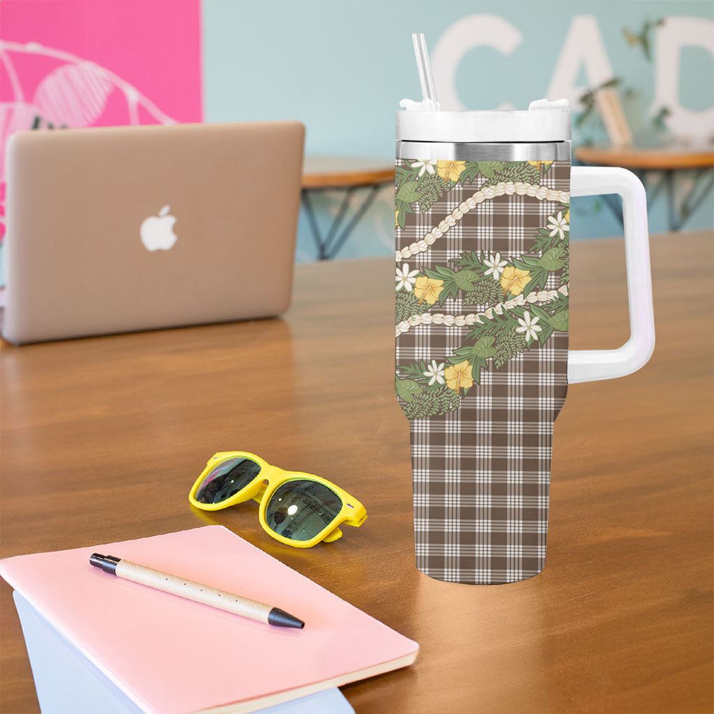 Aloha Puakenikeni Anthurium Pikake Lei Tumbler With Handle Chocolate Hawaiian Palaka Pattern LT9 - Polynesian Pride