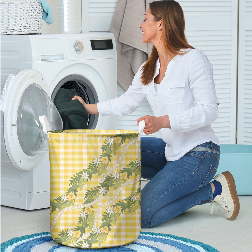 Aloha Puakenikeni Anthurium Pikake Lei Laundry Basket Gold Hawaiian Palaka Pattern LT9 - Polynesian Pride