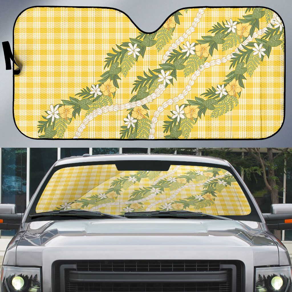 Aloha Puakenikeni Anthurium Pikake Lei Auto Sun Shade Gold Hawaiian Palaka Pattern LT9 Gold - Polynesian Pride