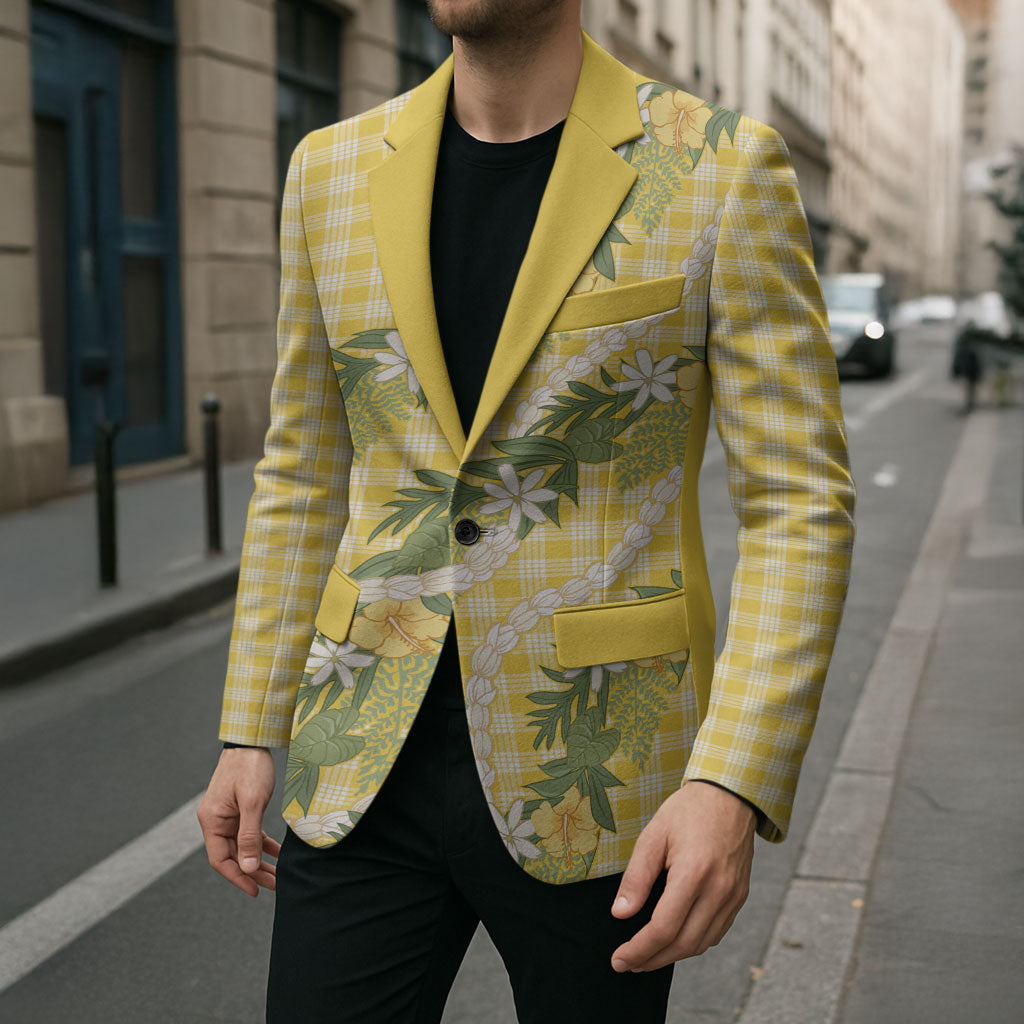 Aloha Puakenikeni Anthurium Pikake Lei Blazer Gold Hawaiian Palaka Pattern LT9 - Polynesian Pride