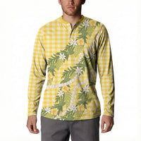 Aloha Puakenikeni Anthurium Pikake Lei Button Sweatshirt Gold Hawaiian Palaka Pattern LT9 - Polynesian Pride