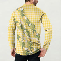 Aloha Puakenikeni Anthurium Pikake Lei Button Sweatshirt Gold Hawaiian Palaka Pattern LT9 - Polynesian Pride