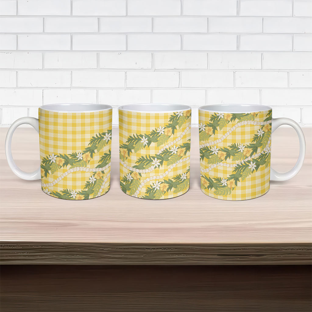 Aloha Puakenikeni Anthurium Pikake Lei Ceramic Mug Gold Hawaiian Palaka Pattern LT9 - Polynesian Pride