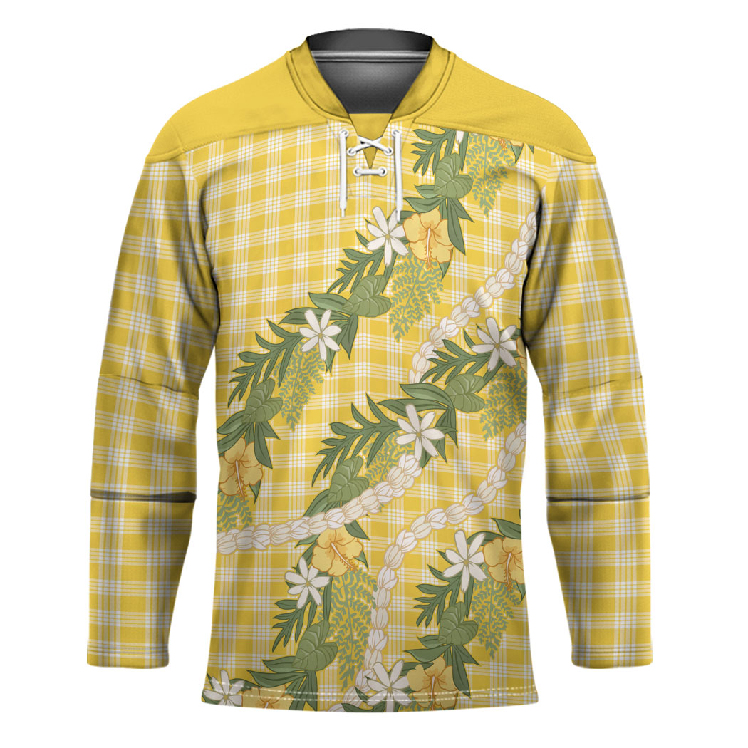 Aloha Puakenikeni Anthurium Pikake Lei Hockey Jersey Gold Hawaiian Palaka Pattern LT9 Unisex Gold - Polynesian Pride