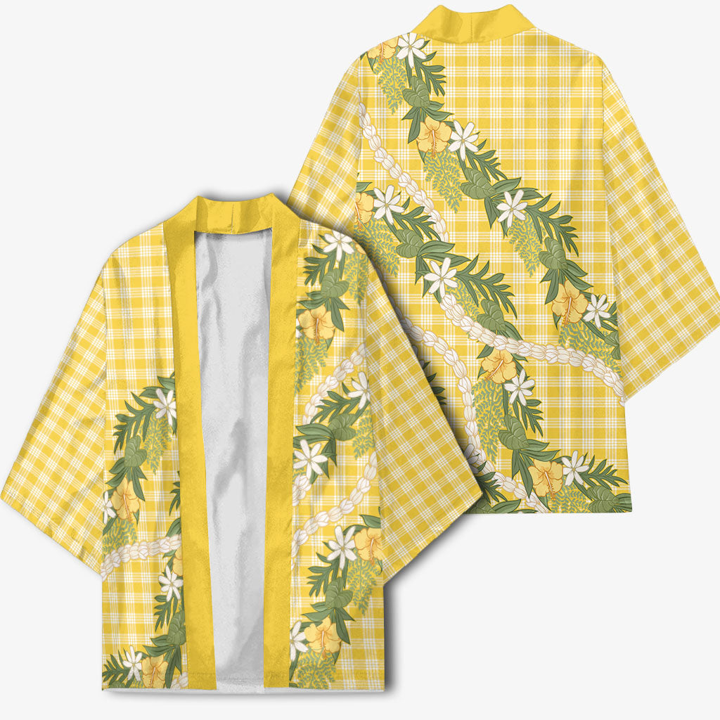 Aloha Puakenikeni Anthurium Pikake Lei Kimono Gold Hawaiian Palaka Pattern LT9 - Polynesian Pride