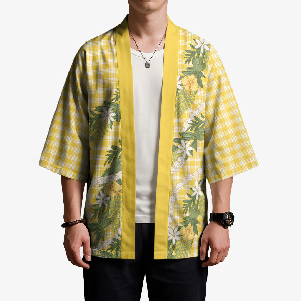 Aloha Puakenikeni Anthurium Pikake Lei Kimono Gold Hawaiian Palaka Pattern LT9 - Polynesian Pride