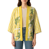 Aloha Puakenikeni Anthurium Pikake Lei Kimono Gold Hawaiian Palaka Pattern LT9 - Polynesian Pride