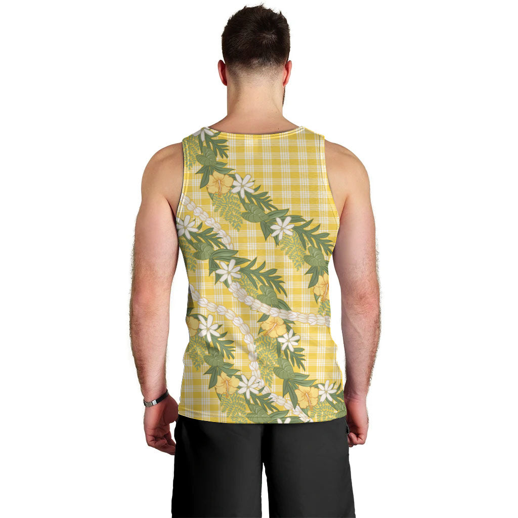 Aloha Puakenikeni Anthurium Pikake Lei Men Tank Top Gold Hawaiian Palaka Pattern LT9 - Polynesian Pride