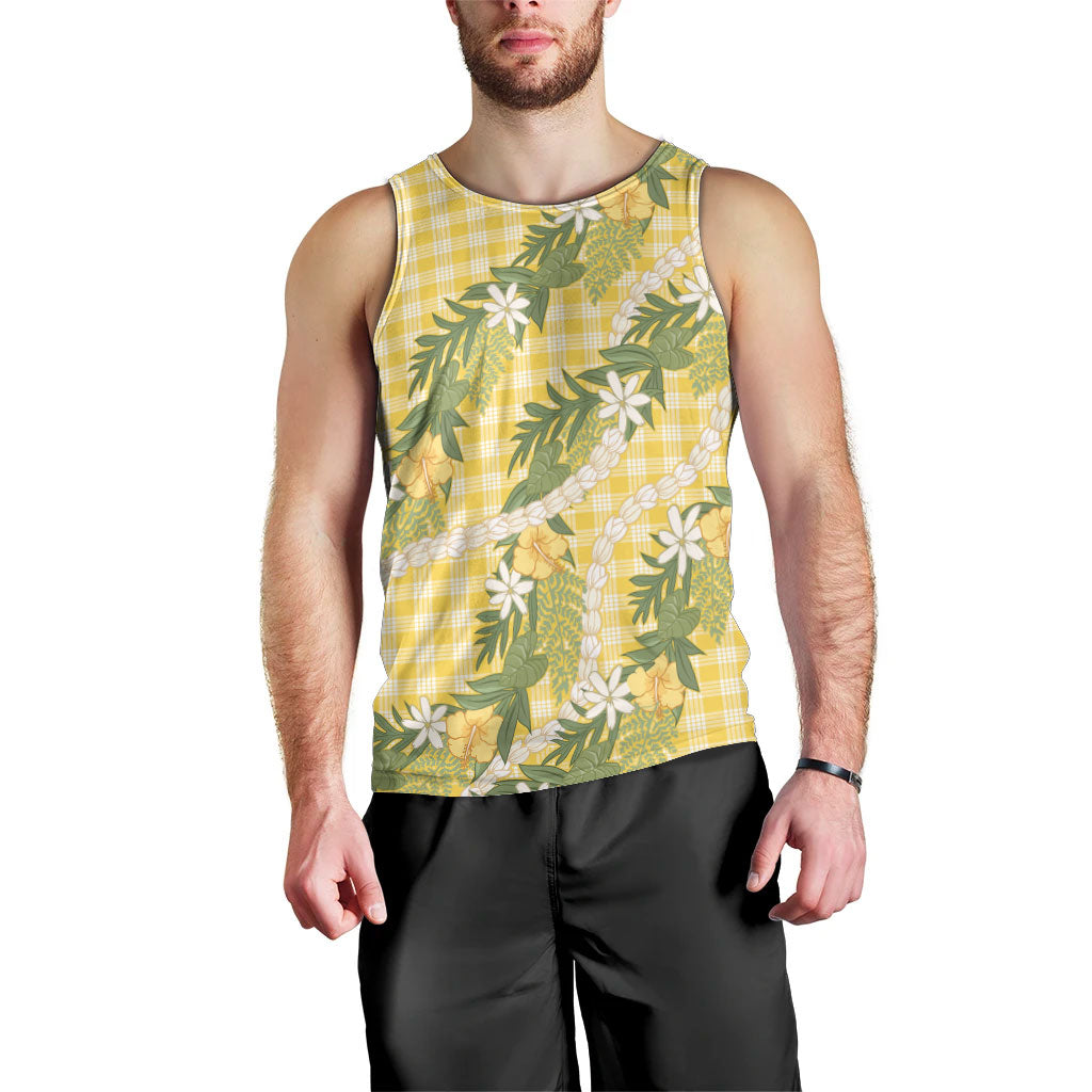 Aloha Puakenikeni Anthurium Pikake Lei Men Tank Top Gold Hawaiian Palaka Pattern LT9 - Polynesian Pride