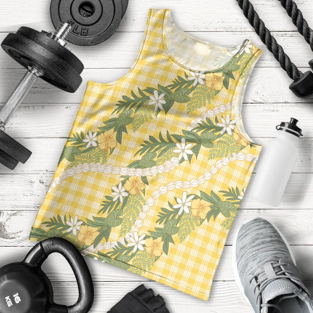Aloha Puakenikeni Anthurium Pikake Lei Men Tank Top Gold Hawaiian Palaka Pattern LT9 - Polynesian Pride