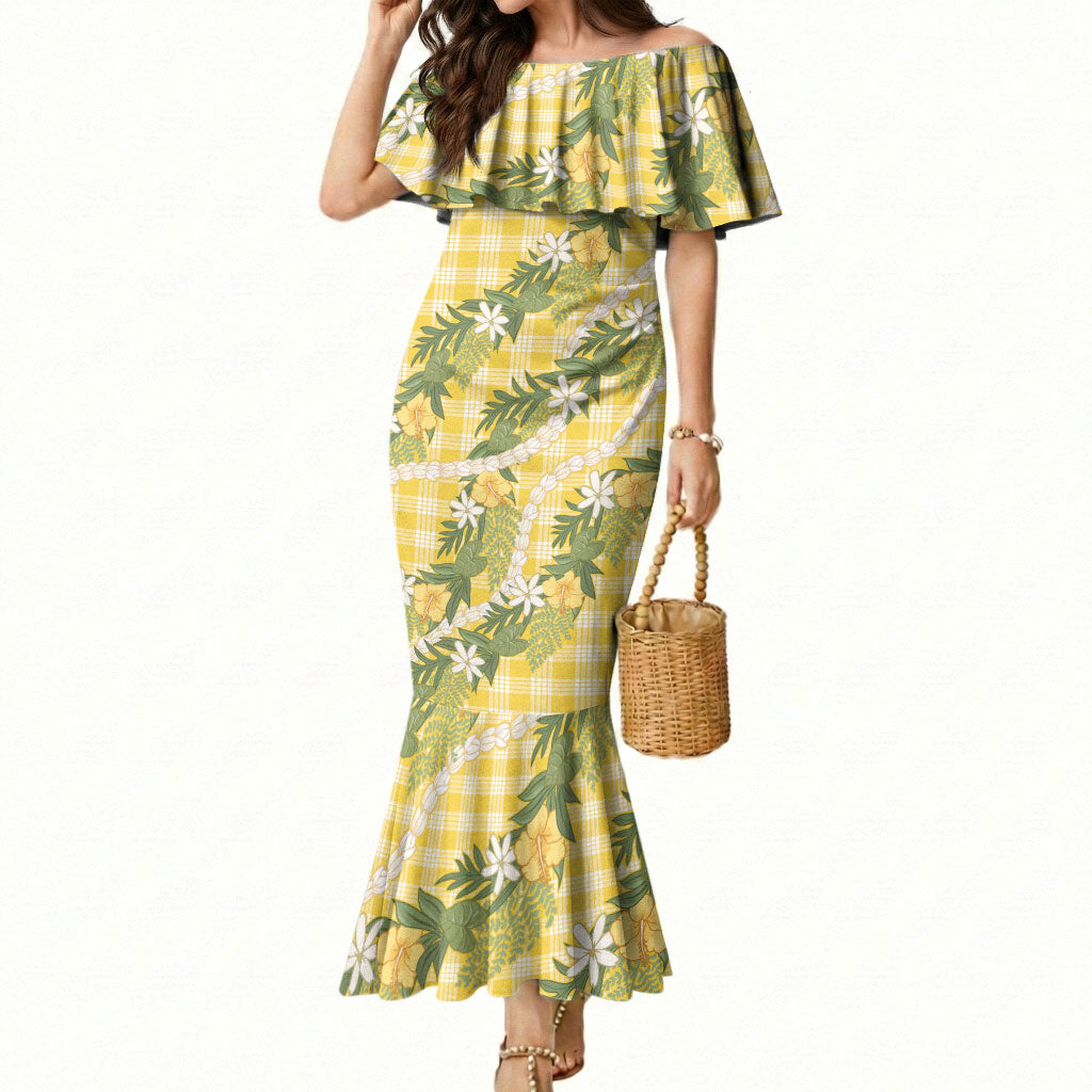 Aloha Puakenikeni Anthurium Pikake Lei Mermaid Dress Gold Hawaiian Palaka Pattern LT9 Women Gold - Polynesian Pride
