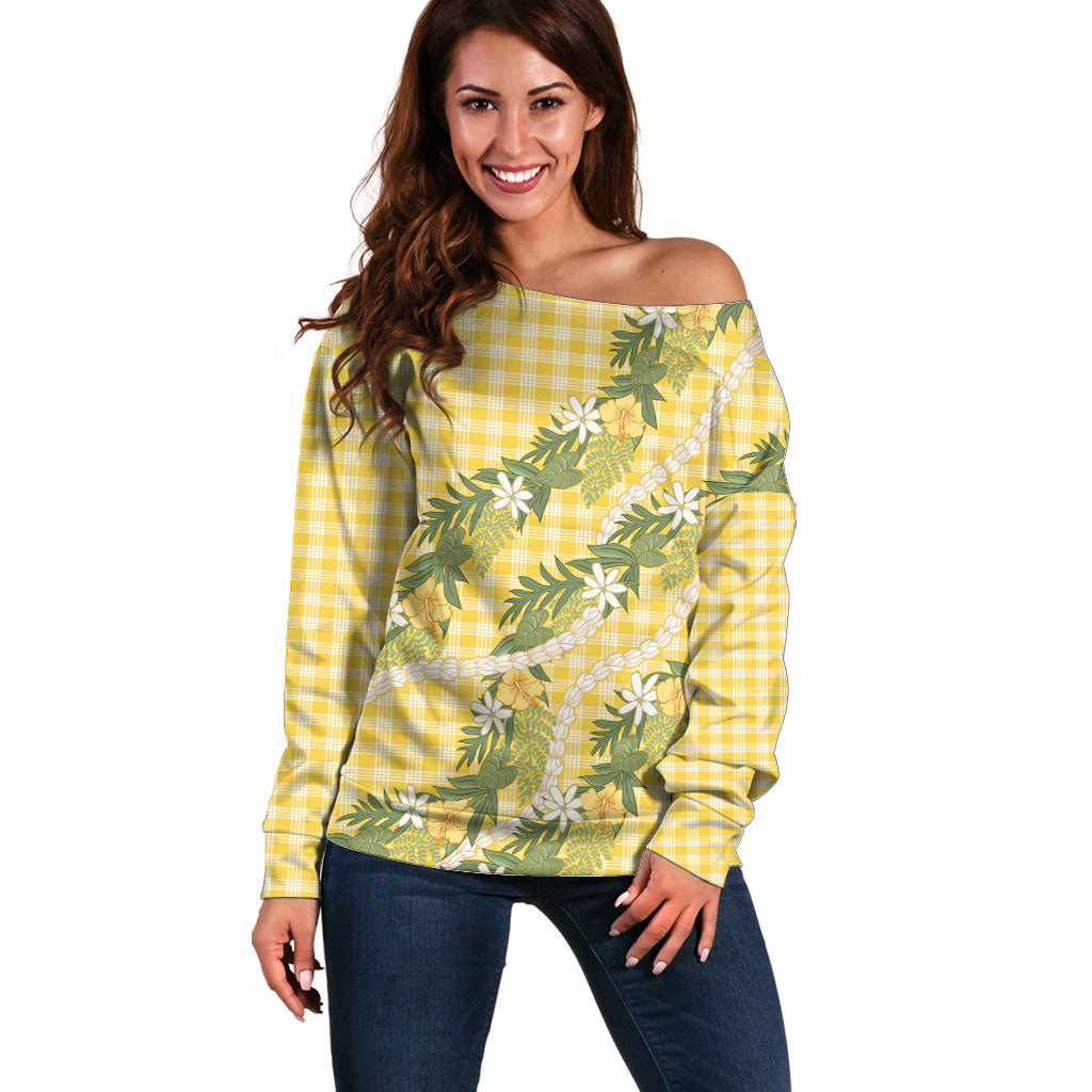 Aloha Puakenikeni Anthurium Pikake Lei Off Shoulder Sweater Gold Hawaiian Palaka Pattern LT9 Women Gold - Polynesian Pride