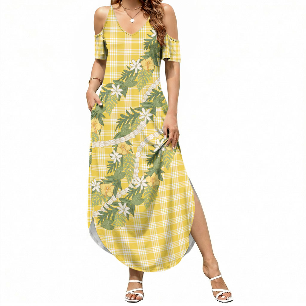 Aloha Puakenikeni Anthurium Pikake Lei Summer Maxi Dress Gold Hawaiian Palaka Pattern LT9 Women Gold - Polynesian Pride