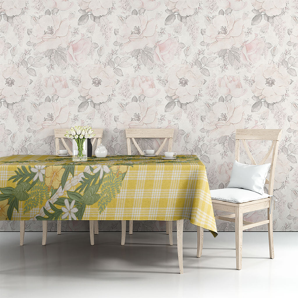Aloha Puakenikeni Anthurium Pikake Lei Tablecloth Gold Hawaiian Palaka Pattern LT9 - Polynesian Pride