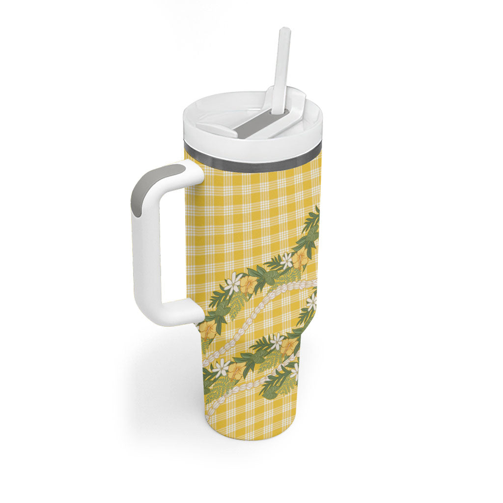 Aloha Puakenikeni Anthurium Pikake Lei Tumbler With Handle Gold Hawaiian Palaka Pattern LT9 - Polynesian Pride