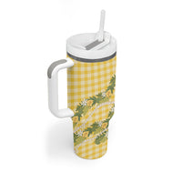Aloha Puakenikeni Anthurium Pikake Lei Tumbler With Handle Gold Hawaiian Palaka Pattern LT9 - Polynesian Pride