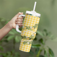 Aloha Puakenikeni Anthurium Pikake Lei Tumbler With Handle Gold Hawaiian Palaka Pattern LT9 - Polynesian Pride