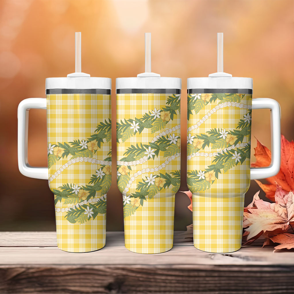 Aloha Puakenikeni Anthurium Pikake Lei Tumbler With Handle Gold Hawaiian Palaka Pattern LT9 - Polynesian Pride