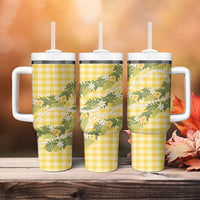 Aloha Puakenikeni Anthurium Pikake Lei Tumbler With Handle Gold Hawaiian Palaka Pattern LT9 - Polynesian Pride