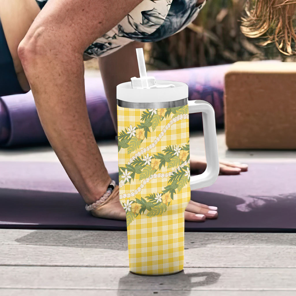 Aloha Puakenikeni Anthurium Pikake Lei Tumbler With Handle Gold Hawaiian Palaka Pattern LT9 - Polynesian Pride