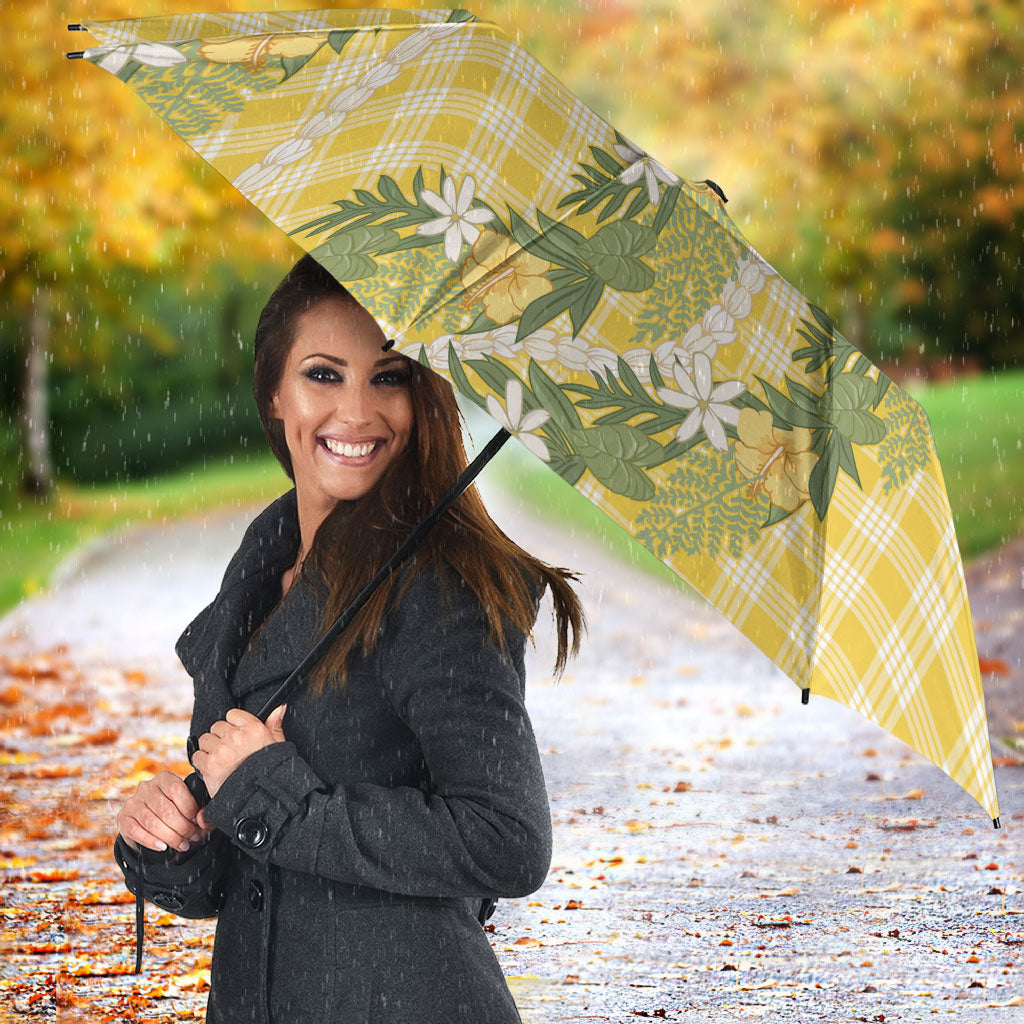 Aloha Puakenikeni Anthurium Pikake Lei Umbrella Gold Hawaiian Palaka Pattern LT9 - Polynesian Pride