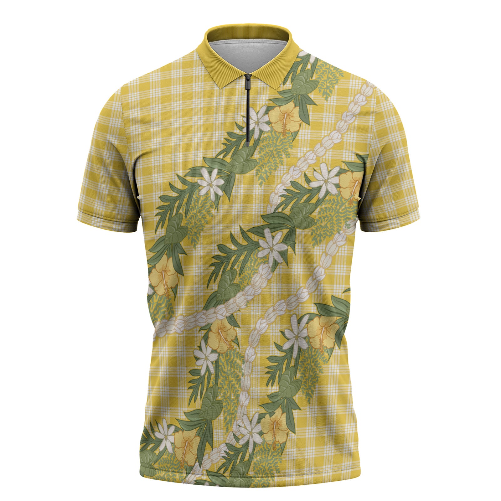 Aloha Puakenikeni Anthurium Pikake Lei Zipper Polo Shirt Gold Hawaiian Palaka Pattern LT9 Gold - Polynesian Pride