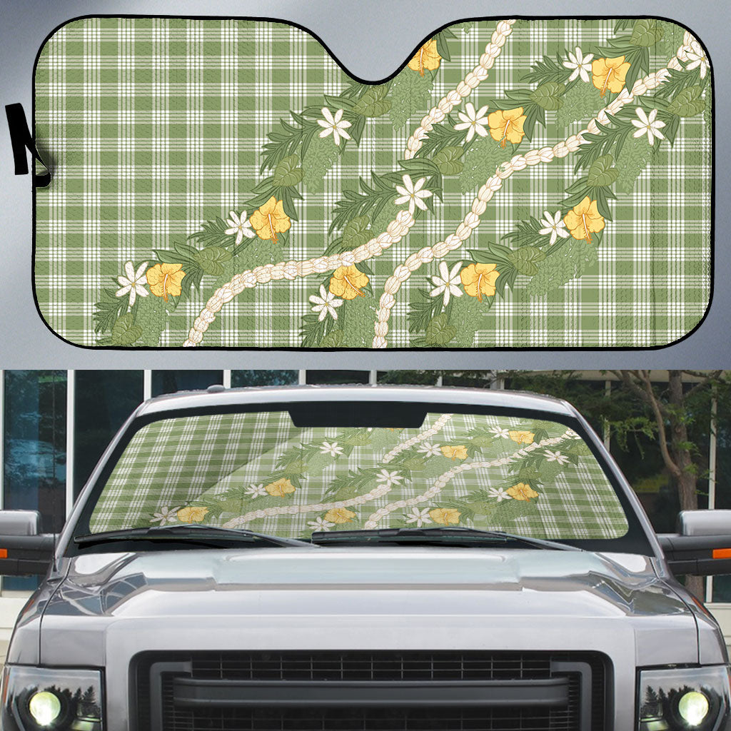 Aloha Puakenikeni Anthurium Pikake Lei Auto Sun Shade Green Hawaiian Palaka Pattern LT9 Green - Polynesian Pride