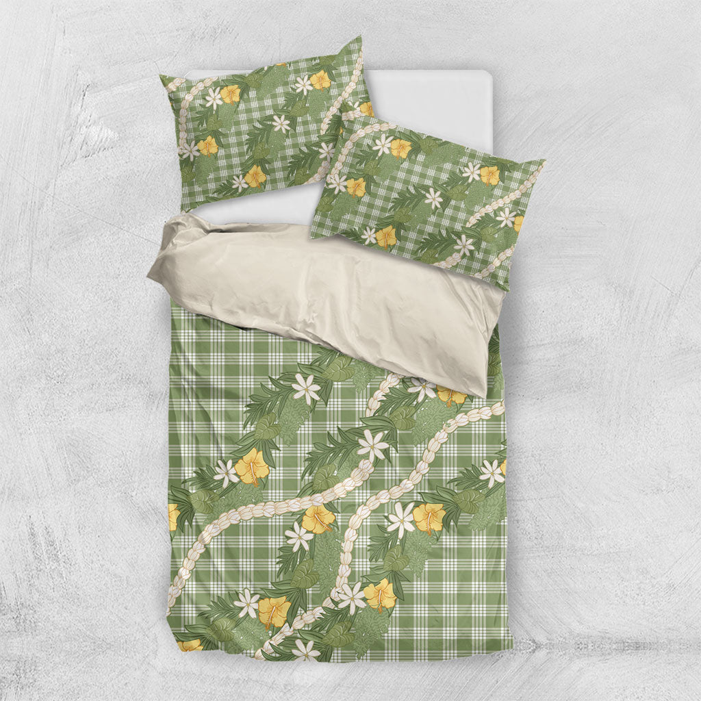 Aloha Puakenikeni Anthurium Pikake Lei Bedding Set Green Hawaiian Palaka Pattern LT9 US Twin 172cm x 218cm Green - Polynesian Pride