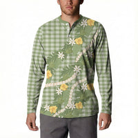 Aloha Puakenikeni Anthurium Pikake Lei Button Sweatshirt Green Hawaiian Palaka Pattern LT9 - Polynesian Pride