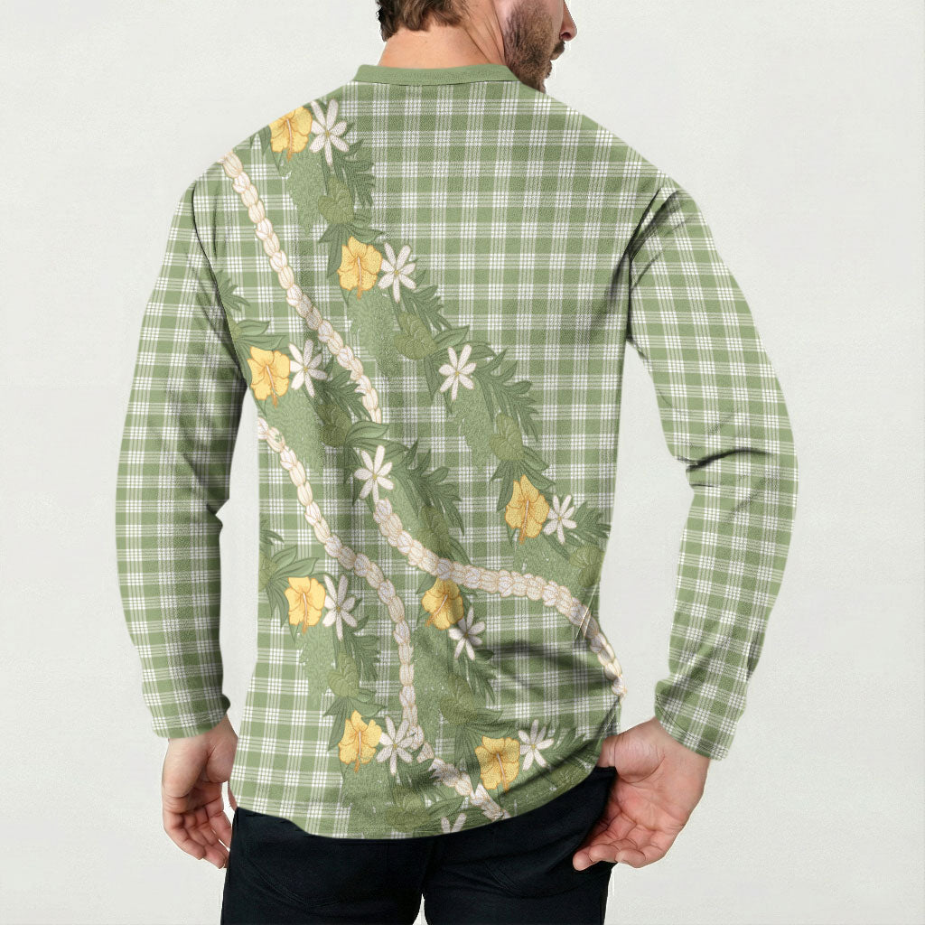 Aloha Puakenikeni Anthurium Pikake Lei Button Sweatshirt Green Hawaiian Palaka Pattern LT9 - Polynesian Pride