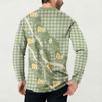 Aloha Puakenikeni Anthurium Pikake Lei Button Sweatshirt Green Hawaiian Palaka Pattern LT9 - Polynesian Pride