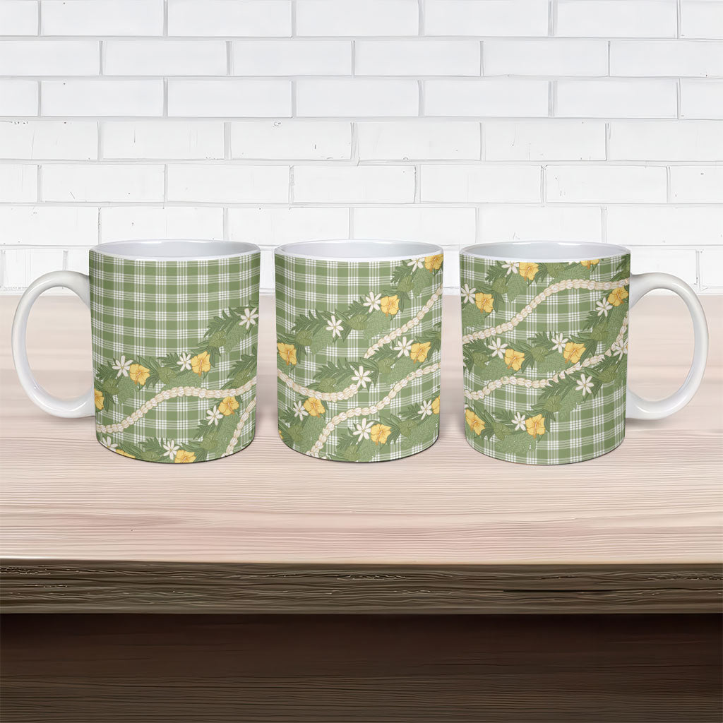 Aloha Puakenikeni Anthurium Pikake Lei Ceramic Mug Green Hawaiian Palaka Pattern LT9 - Polynesian Pride