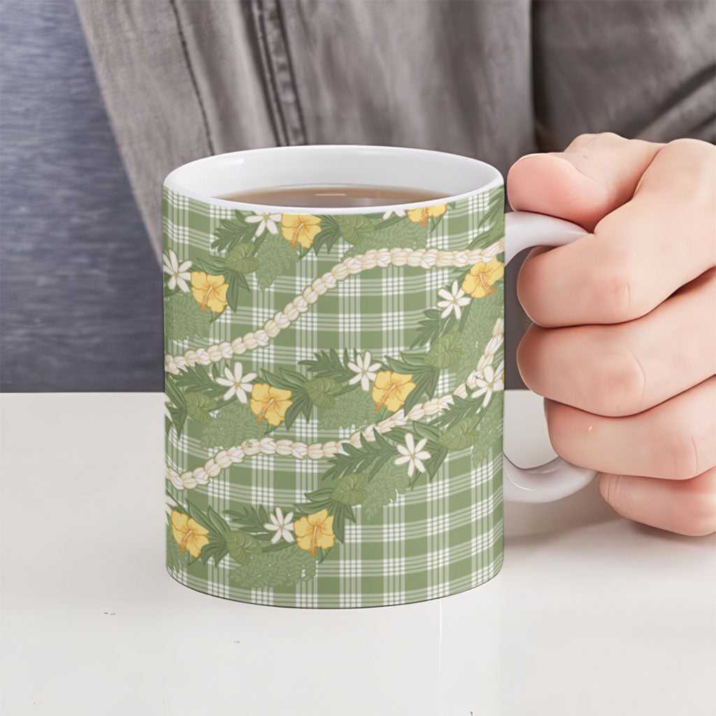 Aloha Puakenikeni Anthurium Pikake Lei Ceramic Mug Green Hawaiian Palaka Pattern LT9 - Polynesian Pride