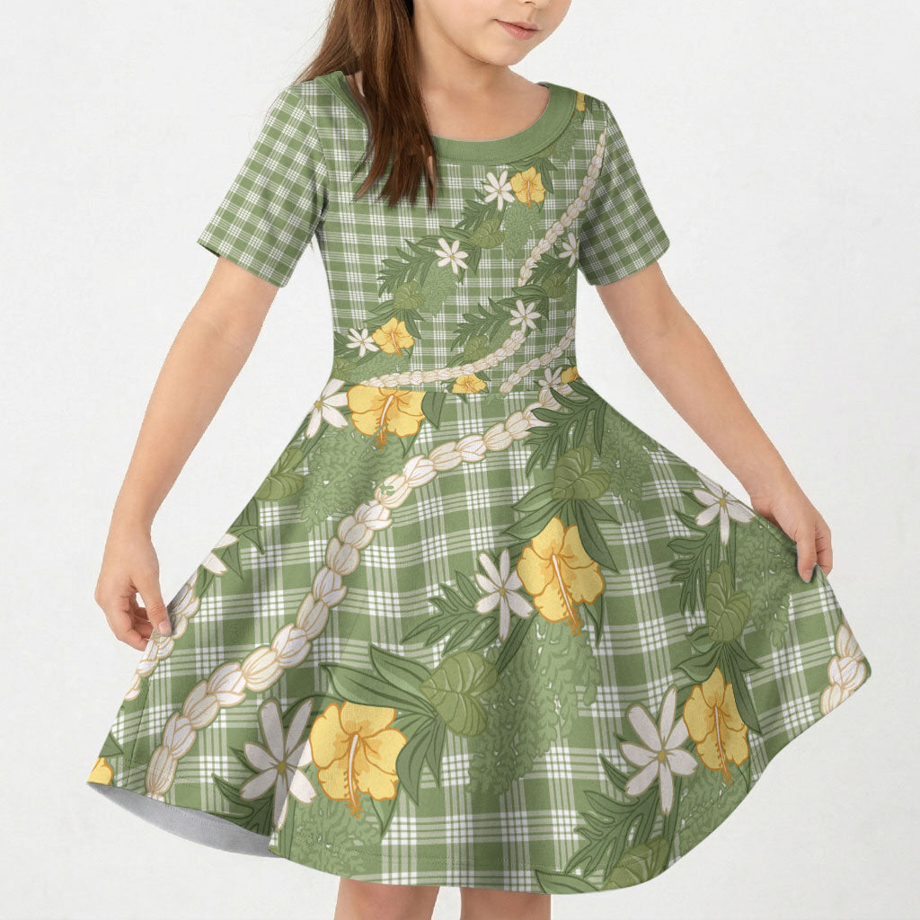 Aloha Puakenikeni Anthurium Pikake Lei Kid Short Sleeve Dress Green Hawaiian Palaka Pattern LT9 KID Green - Polynesian Pride