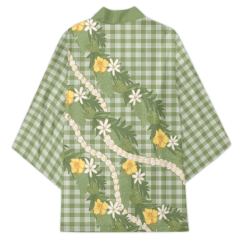 Aloha Puakenikeni Anthurium Pikake Lei Kimono Green Hawaiian Palaka Pattern LT9 - Polynesian Pride