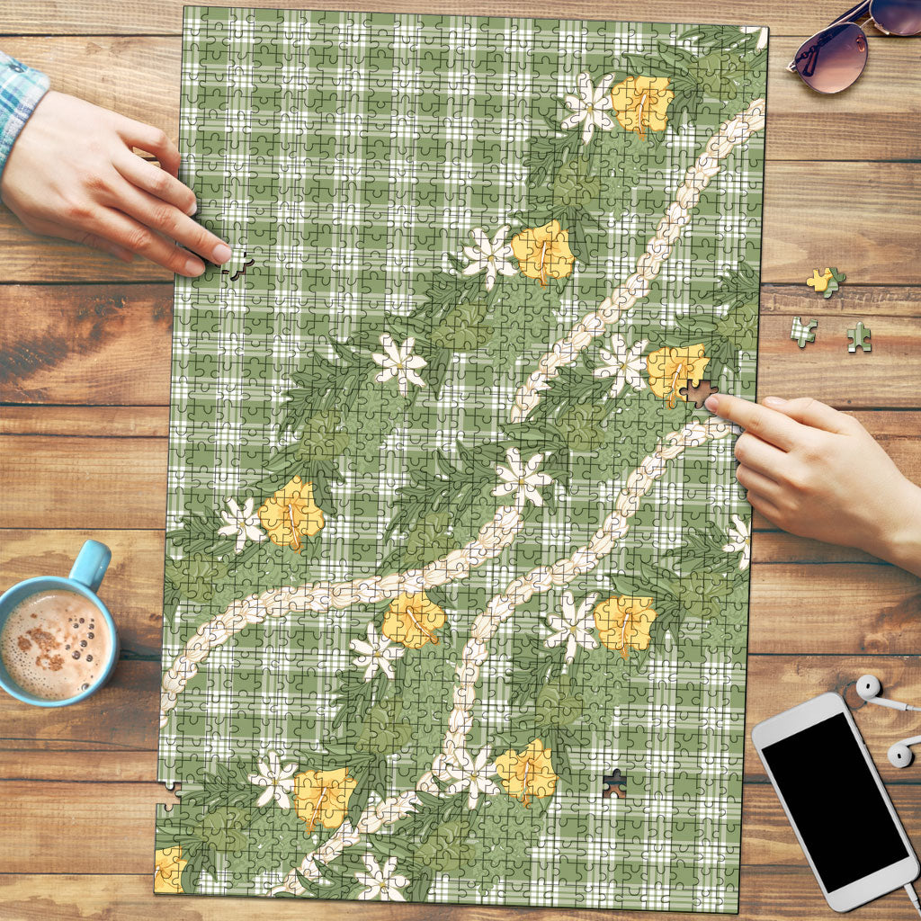 Aloha Puakenikeni Anthurium Pikake Lei Puzzle Green Hawaiian Palaka Pattern LT9 Green - Polynesian Pride