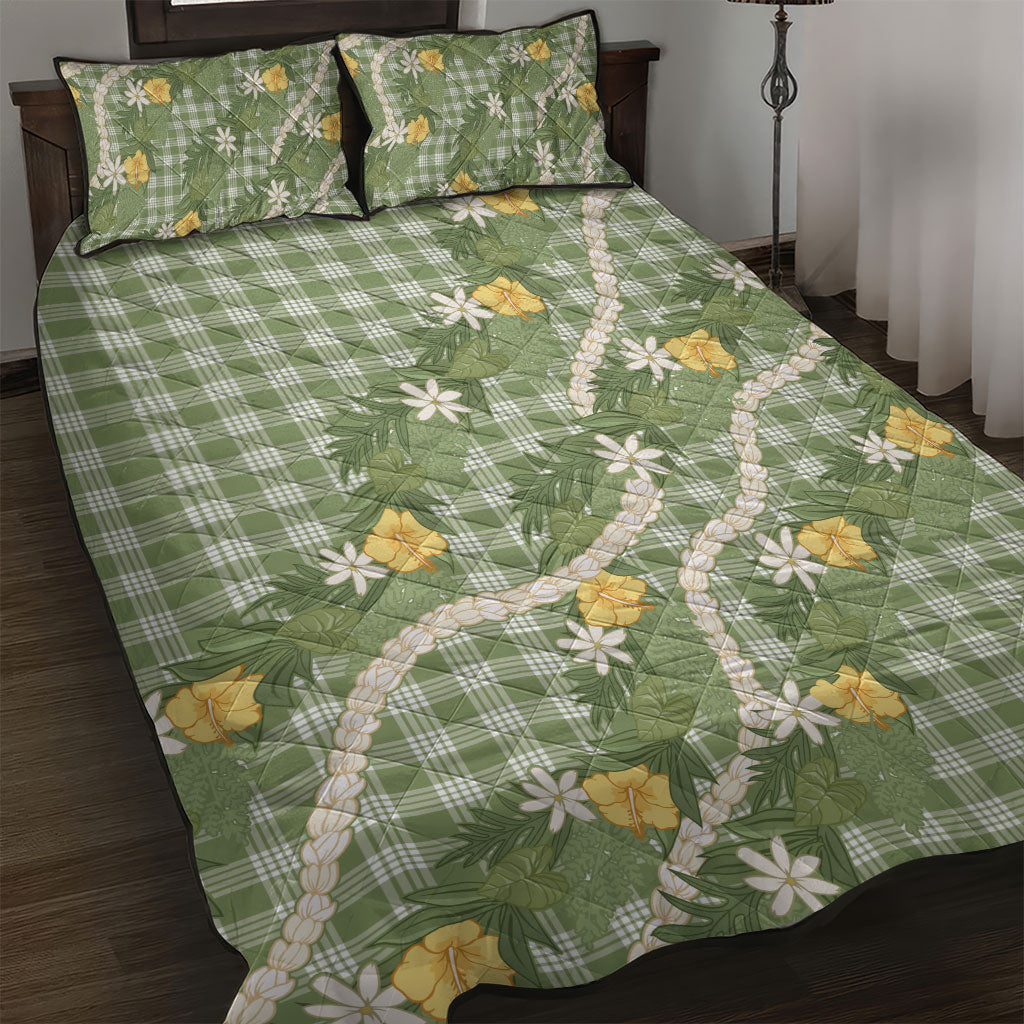 Aloha Puakenikeni Anthurium Pikake Lei Quilt Bed Set Green Hawaiian Palaka Pattern LT9 Green - Polynesian Pride