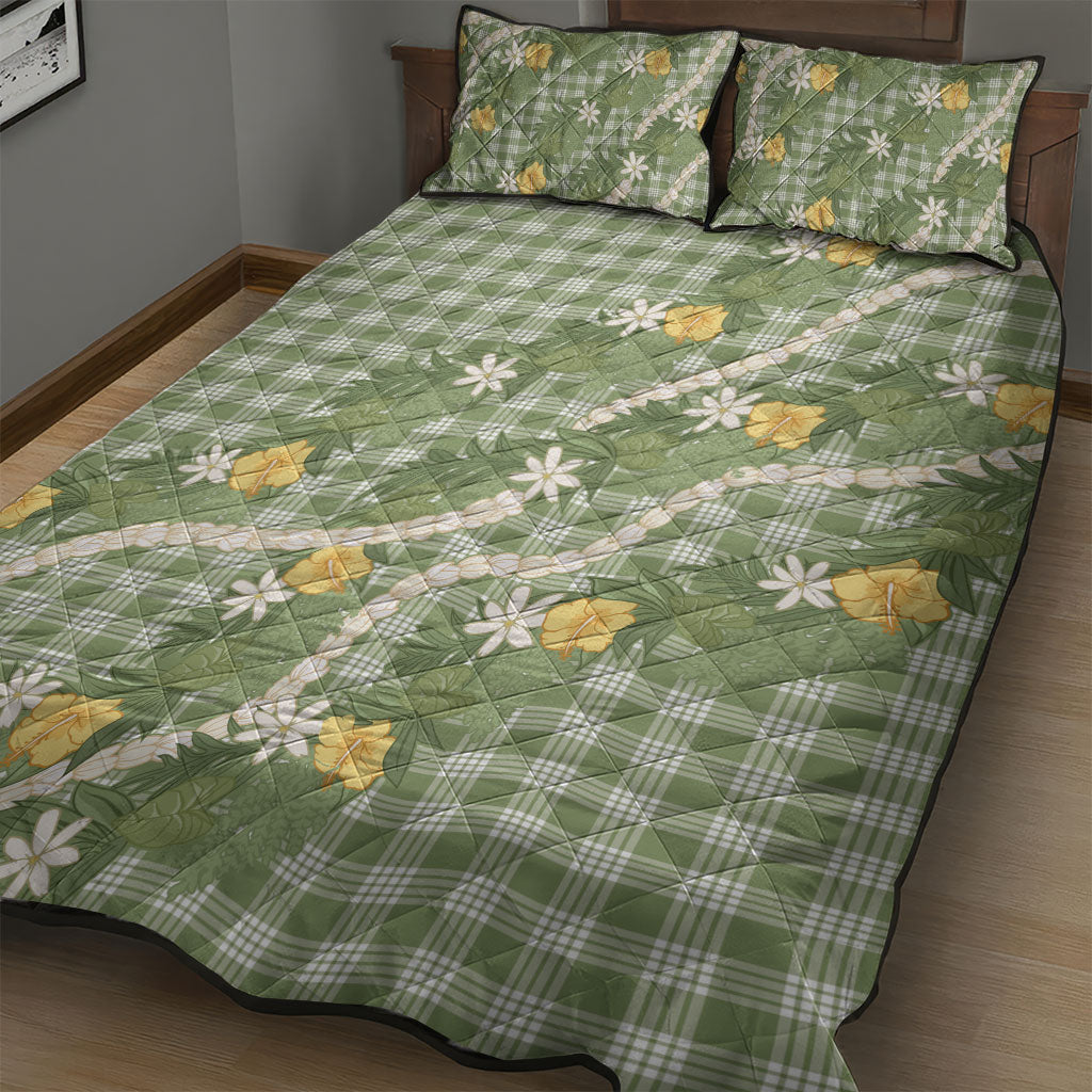 Aloha Puakenikeni Anthurium Pikake Lei Quilt Bed Set Green Hawaiian Palaka Pattern LT9 - Polynesian Pride