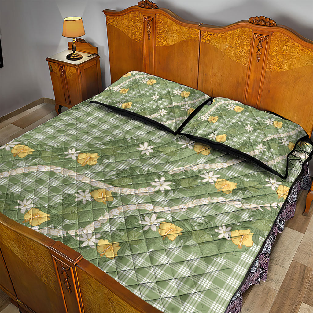 Aloha Puakenikeni Anthurium Pikake Lei Quilt Bed Set Green Hawaiian Palaka Pattern LT9 - Polynesian Pride