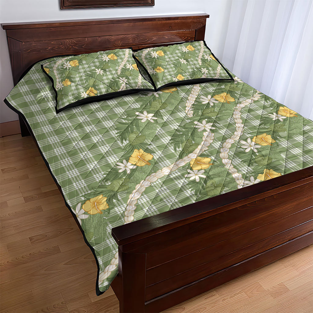 Aloha Puakenikeni Anthurium Pikake Lei Quilt Bed Set Green Hawaiian Palaka Pattern LT9 - Polynesian Pride