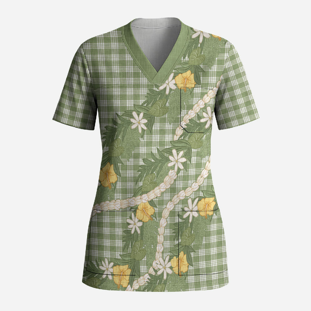 Aloha Puakenikeni Anthurium Pikake Lei Scrub Top Green Hawaiian Palaka Pattern LT9 Adult Green - Polynesian Pride