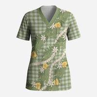 Aloha Puakenikeni Anthurium Pikake Lei Scrub Top Green Hawaiian Palaka Pattern LT9 Adult Green - Polynesian Pride