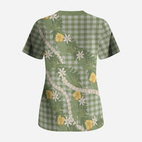 Aloha Puakenikeni Anthurium Pikake Lei Scrub Top Green Hawaiian Palaka Pattern LT9 - Polynesian Pride